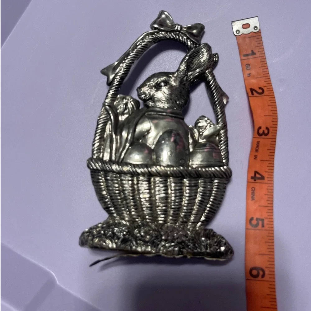 Vintage Silver Tone Metal Easter Bunny Basket Figurine Spring Decor 5.5 Inch